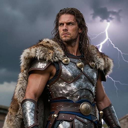 Intense Warrior Against Stormy Skies