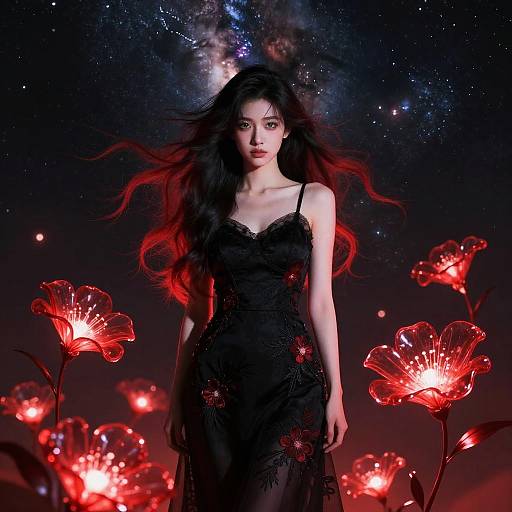Digital artwork: Pale woman with long black and red hair, wearing a black lace dress, stands amid glowing red flowers against a starry, cosmic sky