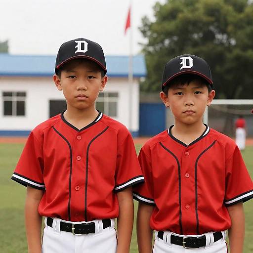 Two Boys in Baseball Uniforms Standing Outdoors