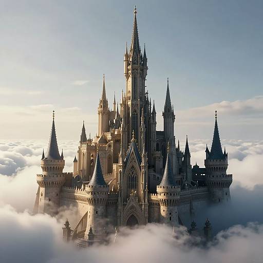 Photograph of a grand, Gothic-style castle with towering spires, surrounded by a sea of fluffy white clouds against a clear blue sky.
