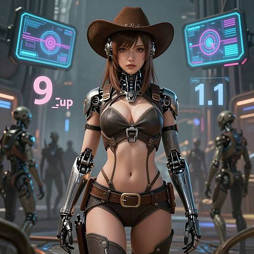 Digital artwork of a cybernetic, busty woman in black leather lingerie and cowboy hat, standing in a futuristic, neon-lit city.