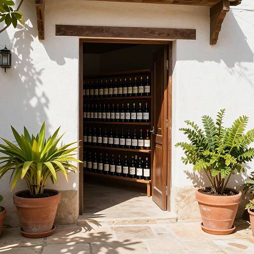 Photograph of a sunlit, rustic wine cellar entrance with open wooden door, shadowed shelves of wine bottles, and two potted plants.
