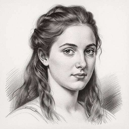 Monochrome ink drawing of a young woman with wavy hair, gentle expression, and soft features, looking slightly to the right.
