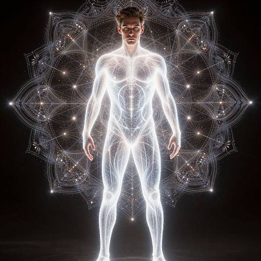 Photorealistic CGI of a glowing, wireframe male figure standing against a black background, with a detailed, celestial mandala pattern behind him.