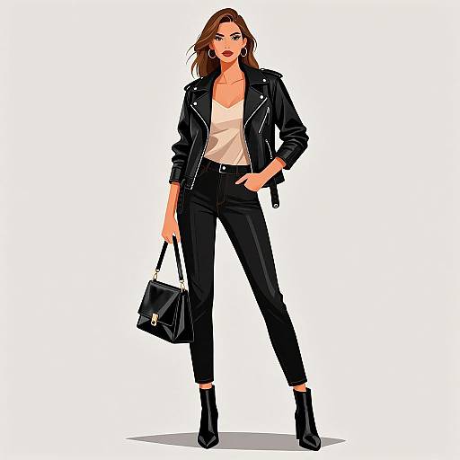 Digital illustration of a confident woman with shoulder-length brown hair, wearing a black leather jacket, white blouse, black pants, and black ankle boots, holding
