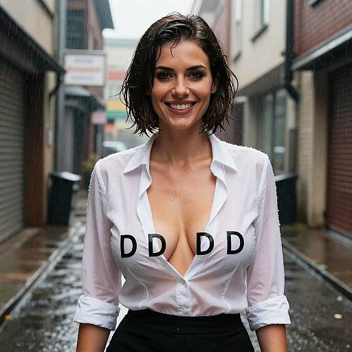 Photograph of a smiling woman with wet, shoulder-length dark hair, wearing a white, wet, unbuttoned shirt with 