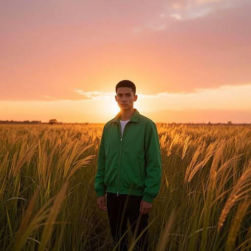 Photograph of a young man with short dark hair, wearing a green jacket and white shirt, standing in a golden wheat field at sunset with a vibrant