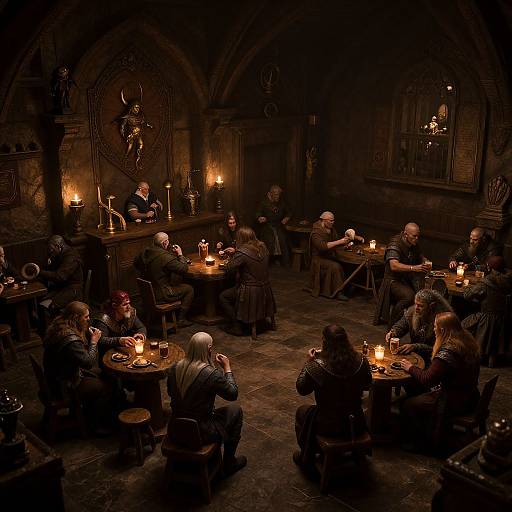 Photograph of a dimly lit medieval-style tavern, with candlelit tables, arched ceilings, and patrons dressed in dark, medieval clothing, engaged