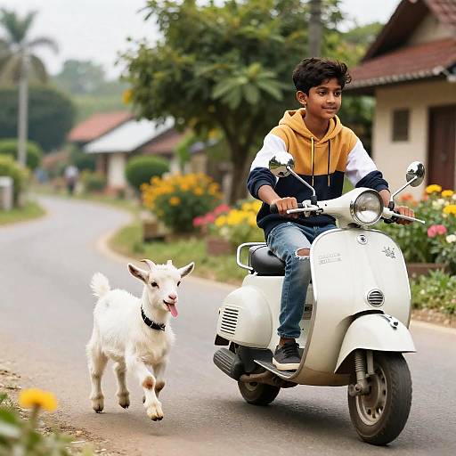Boy Riding Retro Moped with Playful Baby Goat