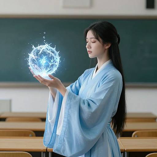 Asian woman in light blue kimono creates glowing blue orb with outstretched hands in empty classroom with wooden desks. Photorealistic digital art.