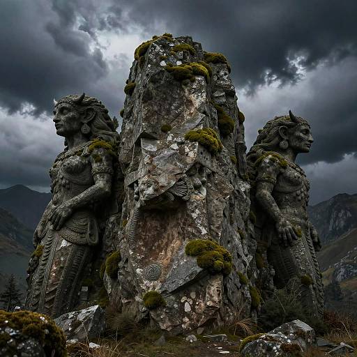 Criaturas míticas de piedra en paisaje montañoso