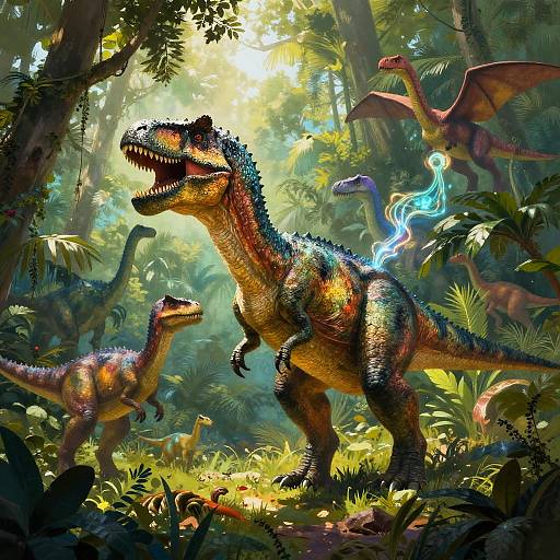 Digital artwork of a vibrant, sunlit jungle with multiple colorful, detailed dinosaurs, including a large, blue-scaled, glowing dinosaur and smaller, orange