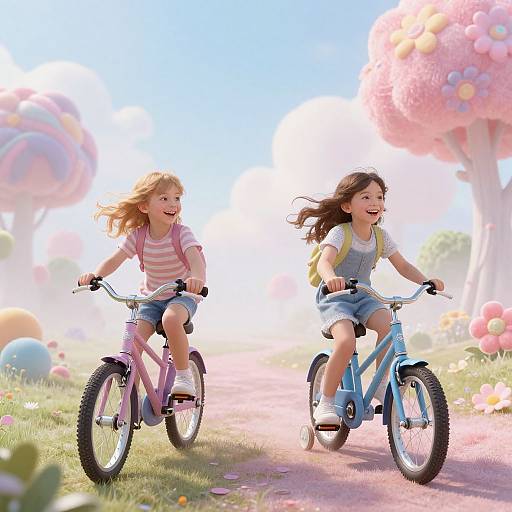 Photograph of two smiling young girls, one with blonde hair and the other with brown, riding bicycles on a sunny path with whimsical, colorful trees
