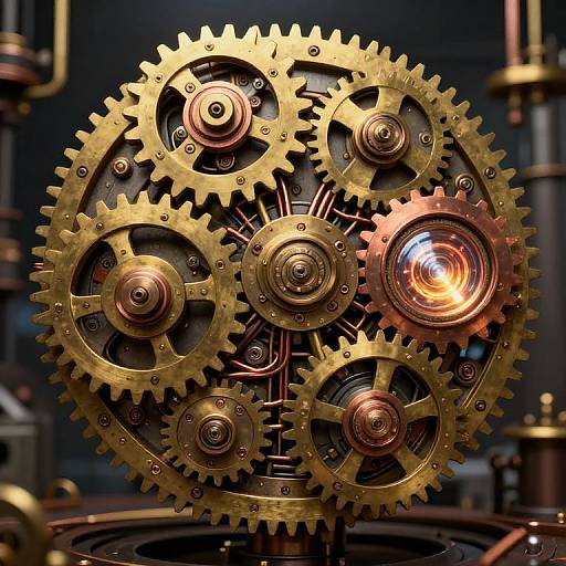 Photograph of intricate, golden mechanical gears with interlocking teeth, illuminated by a glowing, orange light in a dark, industrial background.