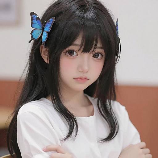 Anime Girl with Blue Butterfly Hairpin