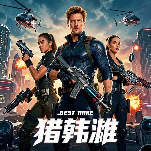 Photograph-style movie poster of three armed agents in black tactical gear, standing back-to-back in a cityscape with helicopters and explosions, text reads 