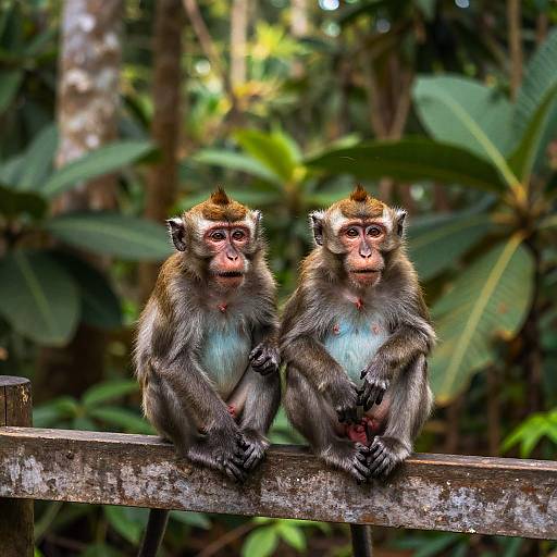 Photograph of two baby monkeys with reddish-brown fur and light blue chests, sitting on a weathered wooden fence in a lush, green jungle