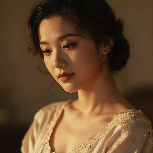 Photograph of an Asian woman with dark hair in an updo, wearing a sheer, lace-trimmed, cream-colored top, softly lit from