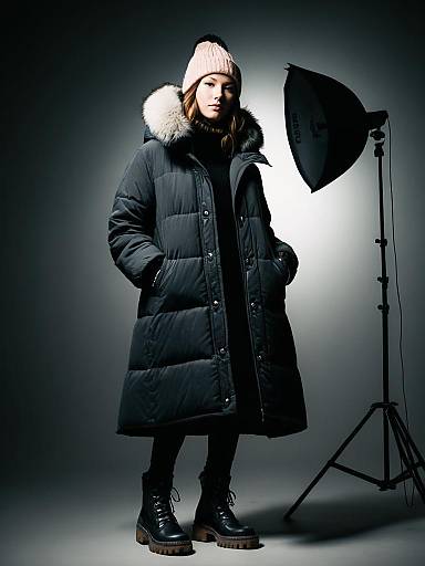Woman Wearing Winter Puffer Coat with Pink Beanie