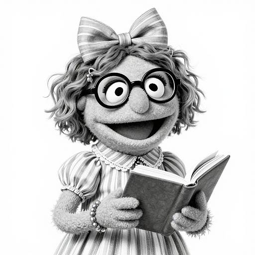 Monochrome digital drawing of a furry puppet with curly hair, large glasses, a bow, and striped dress, reading a book.