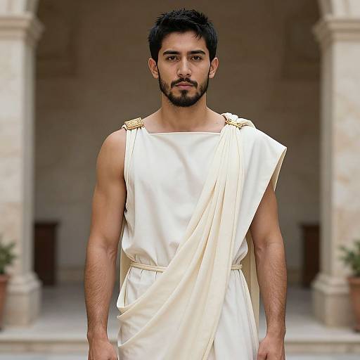 Photograph of a muscular, dark-haired man with a beard wearing a white, ancient Greek-style toga, standing in a stone archway.