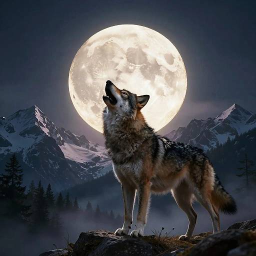 Photograph-style digital artwork of a howling wolf standing on a rocky mountainside under a bright full moon, with snow-capped peaks and dark pine