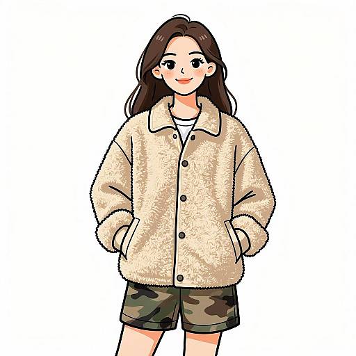 Digital drawing of a smiling young woman with long brown hair, wearing a fluffy beige jacket, camouflage shorts, and hands in pockets.