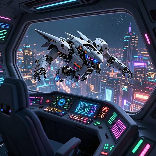 Digital artwork: Neon-lit futuristic cockpit view shows a white, glowing robot spaceship flying over a vibrant, cyberpunk city skyline at night.