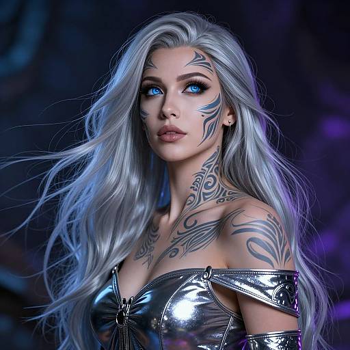 Digital art of a silver-haired woman with blue eyes, intricate black tattoos, and silver off-shoulder top, glowing in a dark, neon-l