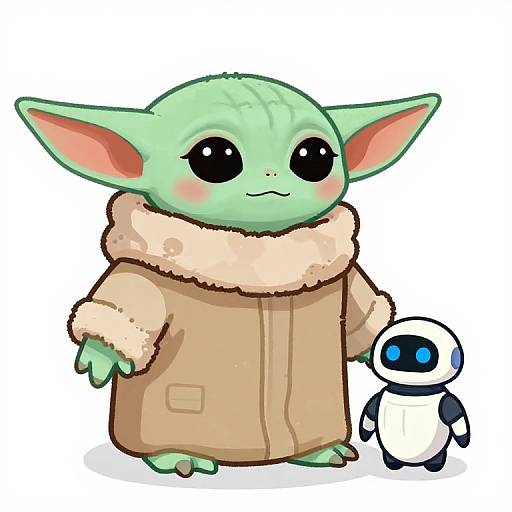 Cute digital drawing of a green, goblin-like creature with large ears, wearing a beige coat with a fluffy collar, standing beside a small,