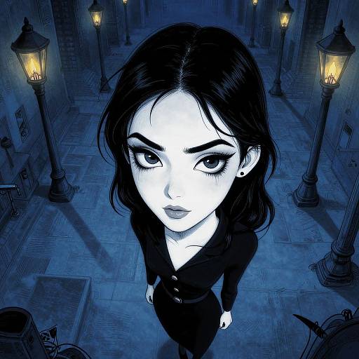 Digital anime-style drawing of a black-haired woman with large eyes, wearing a black suit, standing in a blue-tinted, dimly lit,