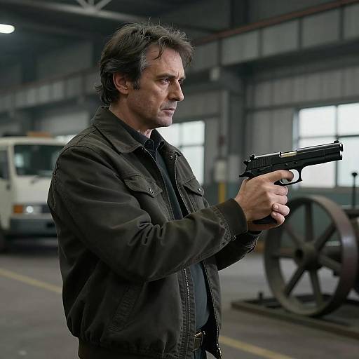 Intense Profile of a Man in Warehouse