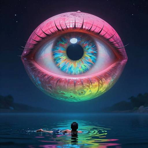 Digital artwork: A gigantic, glowing, rainbow-colored eye with neon lashes hovers above a dark, starry night, casting reflections on a calm,