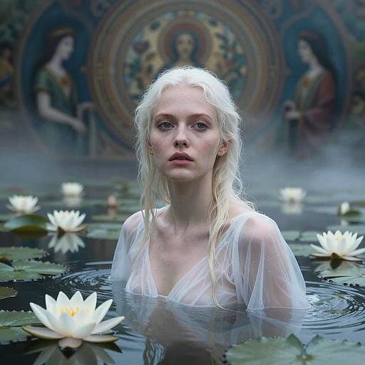 Woman in Water with White Lilies