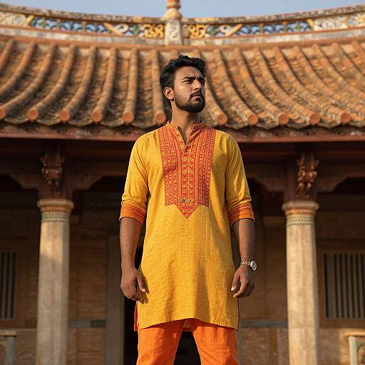 Photograph of a bearded man in a yellow kurta with red embroidery, standing in front of a traditional, ornate building with a tiled roof