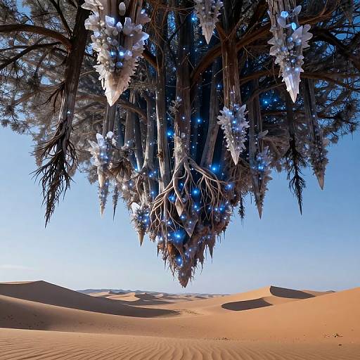 Fantastical desert scene with a giant, glowing tree hanging overhead, adorned with white flowers and blue lights, casting shadows on golden sand dunes under