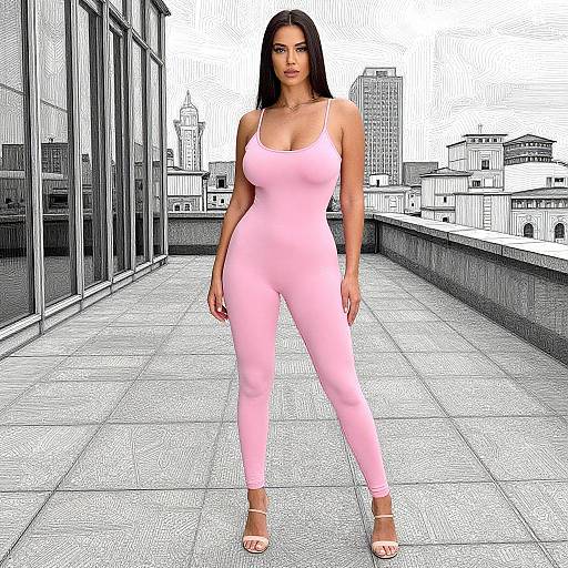 Digital illustration of a curvy woman with long black hair, wearing a tight pink jumpsuit and sandals, standing on a rooftop against a black-and-white