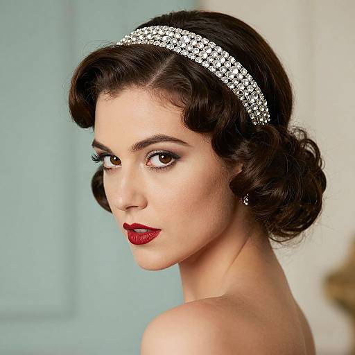 Photograph of a fair-skinned woman with dark brown, wavy hair, wearing a sparkling tiara and red lipstick, looking over her shoulder against