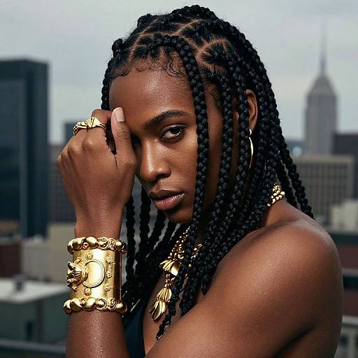 Photograph of a beautiful, dark-skinned woman with braided hair, gold jewelry, and serious expression, set against a city skyline background.