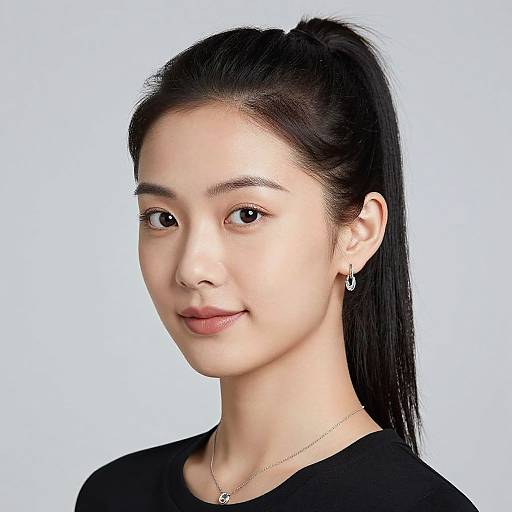 Photograph of an Asian woman with fair skin, black ponytail, wearing a black top, small hoop earrings, and a delicate necklace, against a