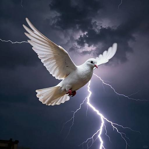 Photograph of a white dove with outstretched wings flying against a dark, stormy sky with a vivid lightning bolt.