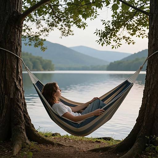 Serene Woman in Hammock by Lake