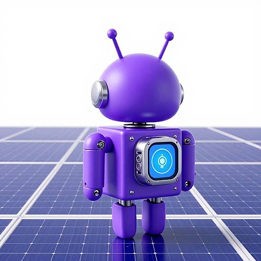 Digital CGI image of a purple, cylindrical robot with antennae and a blue screen displaying a white circle, standing on solar panels.