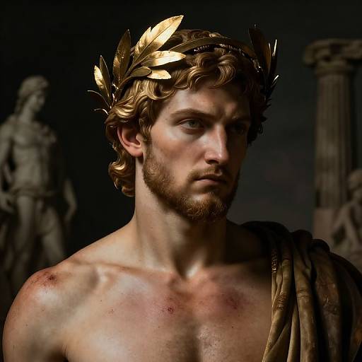 Photorealistic digital art of a muscular, bearded man with curly brown hair, golden laurel crown, and brown toga, showing a serious