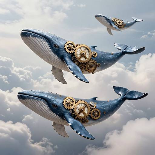 Digital art of three blue whales with intricate gold gears embedded, flying amidst a cloudy sky. Whales have sleek, wet textures. Background: bright,