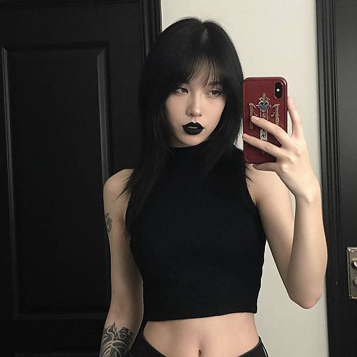 Gothic-style photograph of a pale-skinned woman with black lipstick, straight black hair, sleeveless black crop top, holding red phone, tattoo