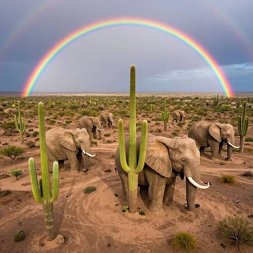 Photograph of three elephants in a desert with tall cacti, under a vibrant rainbow arching across a stormy sky.
