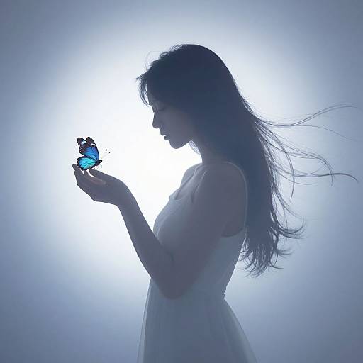 Silhouette of a woman with long hair, wearing a white dress, gently holding a blue butterfly against a bright, glowing background.