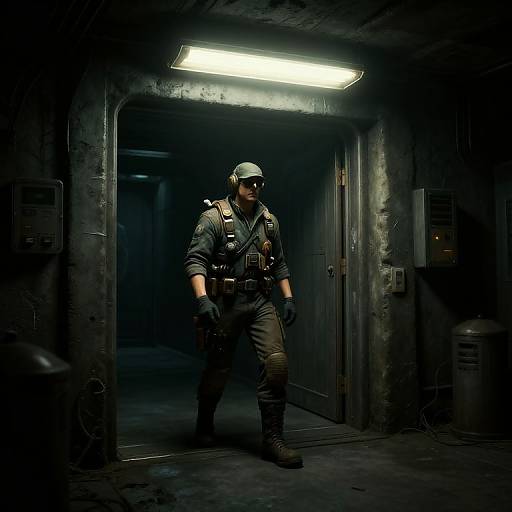 Photograph of a serious male soldier in dark tactical gear, helmet, and gloves, walking through a dimly lit, industrial-looking hallway with a bright