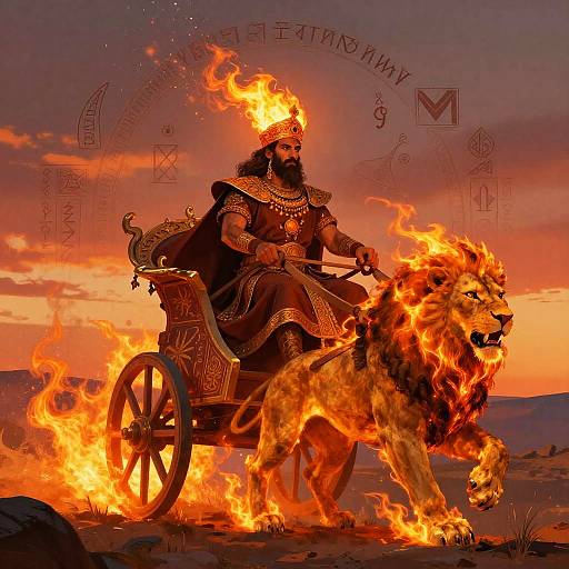 Photograph of a bearded king with fiery headpiece, ornate armor, and jewelry, riding a chariot pulled by a blazing lion, against